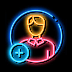 adding new person neon light sign vector. Glowing bright icon adding new person sign. transparent symbol illustration