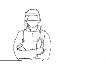 Continuous one line of doctor ppe suit in silhouette on a white background. Linear stylized.Minimalist. Medicine health