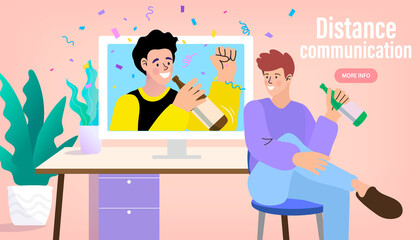 Meeting friends on virtual party. Best friends drinking online on a video call during the quarantine lockdown. Stay safe at home lifestyle concept. vector illustration.