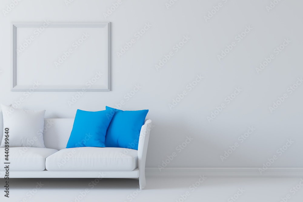 Poster white room with sofa and picture frame on the wall. 3d rendering