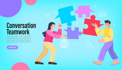 Group of business people assembling jigsaw puzzle and represent team support. Concept of teamwork, business cooperation, collective project work. Modern flat colorful vector illustration.