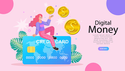 happy young lady showing plastic credit card. Gold coins are transferred from smartphone. Infographic flat design concept payment channel. High season holiday shopping. Vector illustration EPS10.