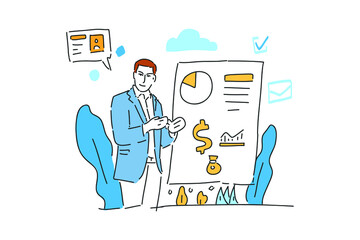 businessman presentation with icon hand drawn illustration