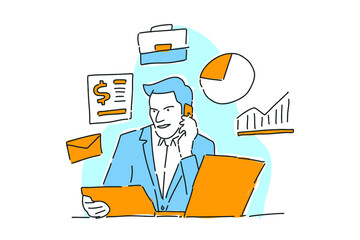 businessman read audit report hand drawn illustration