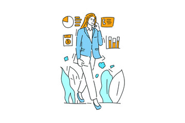 business woman walk and call the phone drawn illustration