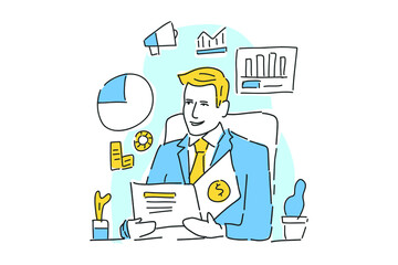 happy businessman look report finance drawn illustration