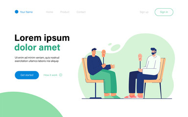 Two cartoon men taking off their masks, becoming sincere. Flat vector illustration. Men sitting opposite each other, holding face masks, hiding feelings. Dissimulation, honesty, disguise concept