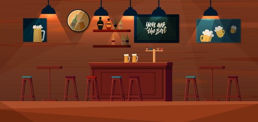 Beer bar cartoon vector interior. Bar counter, shelves with alcohol bottles, tables and chairs, posters on the wall. © Дарья Михайлова