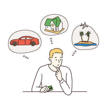 A man thinking about where to spend his money. hand drawn style vector design illustrations. 