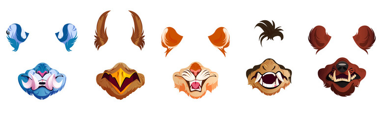 Face filter with animal masks for selfie photo, video chat and social media content. Vector cartoon set of scary mouth with teeth and fangs and ears of bear, dog and boar for mobile phone application