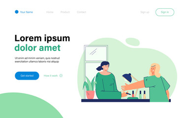 Woman doing manicure vector illustration. Young female character doing manicure in salon. Manicured nails. Woman hands. Beauty concept for banner, website design or landing web page