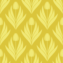 Seamless pattern with a pattern of the silhouette of tulips and leaves. Design in gold and yellow for printing, packaging, fabric. Damascus styling. Vector illustration