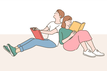 A man and a woman are reading a book, sitting leaning on each other. hand drawn style vector design illustrations.  - obrazy, fototapety, plakaty