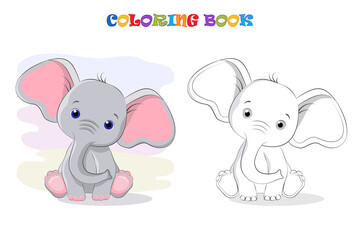 Cartoon cute baby Elephant. Coloring page and colorful clipart