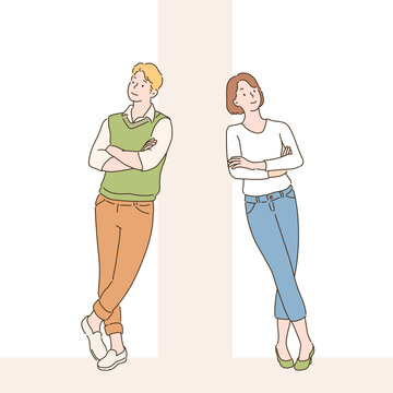 Two People Are Standing Leaning Against The Wall. Hand Drawn Style Vector Design Illustrations. 