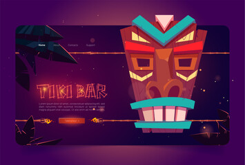 Tiki bar website with wooden tribal mask and burning torches on bamboo stick. Vector landing page of hawaiian beach cafe with cartoon illustration of polynesian totem and palm trees at night - obrazy, fototapety, plakaty