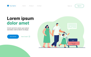 Family going on vacation vector illustration. Happy family carrying baggage. Husband holding wifes had, daughter jumping joyfully. Travelling concept for banner, website design or landing web page