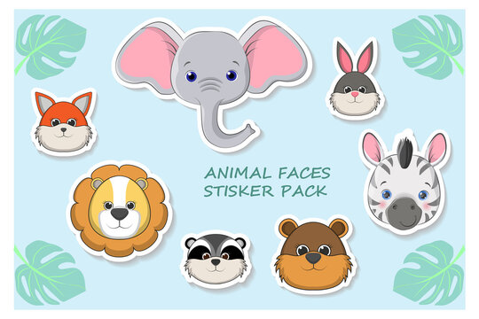 Vector set with animals faces in cartoon style. Vector collection with mammals stickers. EPS 10.