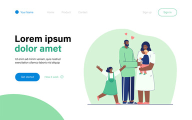 Family welcoming foster child. Black woman holding white boy. Everyone happy and loving. Girl jumping joyfully. Foster parenting concept for banner, website design or landing web page