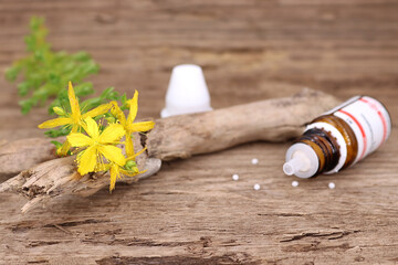 Hintergrund gesund leben - die Naturheilpflanze Johanniskraut mit ihren dazugehörigen Globuli...