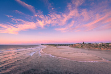 Southport Beach view from the lookout towards the Onkaparinga River mouth at sunset, South Australia