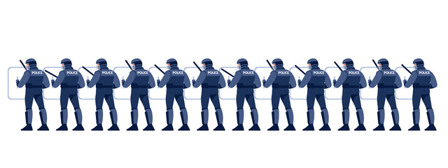 Police in Riot Gear Holding the Line. Group riot police with protective gear and shields. Cartoon characters Flat style vector illustration isolated on white background