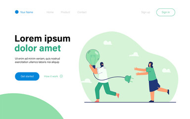 Man running away with stolen idea symbolized by light bulb. Man stealing light bulb from woman. Female character chasing thief in mask. Idea theft concept for banner, website design or landing page