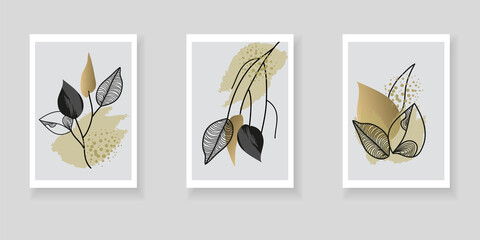 Set of minimalistic elegant botanical wall decor posters. Hand-drawn abstract leaves on gray background. Creative templates for weddings, invitations, birthday, parties, cards, posters, covers