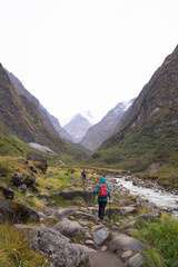 Fototapeta premium The woman trekking on the way to Annapurna base camp.