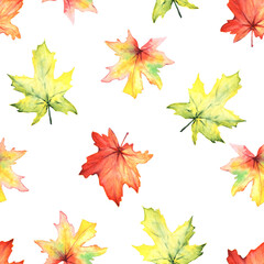  Seamless pattern with  autumn maple leaves. Watercolor Fall background. Orange, yellow, red, green, pink leaves. Illustration for wallpaper, textile, gift paper, wrapping