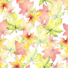 Watercolor seamless pattern with  autumn maple leaves. Fall background. Orange, yellow, red, green, pink leaves. Illustration for wallpaper, textile, gift paper, wrapping