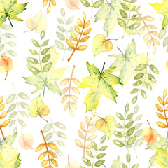 Watercolor seamless pattern with  autumn leaves. Hand drawn Fall background. Illustration for wallpaper, textile, gift paper, wrapping