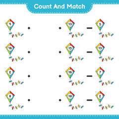 Count and match, count the number of Kite and match with the right numbers. Educational children game, printable worksheet, vector illustration