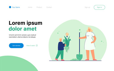 Mother and son planting creative idea. Flat vector illustration. Woman with shovel helping little boy with bedding out plant with yellow bulb. Creativity, parenthood, care, help, idea, talent concept