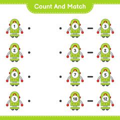 Count and match, count the number of Robot Character and match with the right numbers. Educational children game, printable worksheet, vector illustration