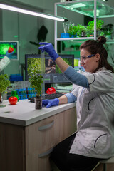 Researcher woman measuring eco sapling while observing biological transformation. Scientist biologist examining genetic mutation on plants, working in biotechnology laboratory.