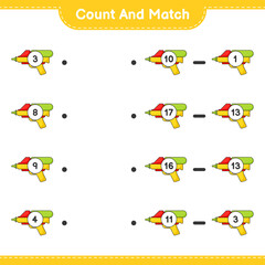 Count and match, count the number of Water Gun and match with the right numbers. Educational children game, printable worksheet, vector illustration
