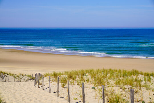 beach sea access in sandy dunes and fence of atlantic ocean waves at le porge coast in france