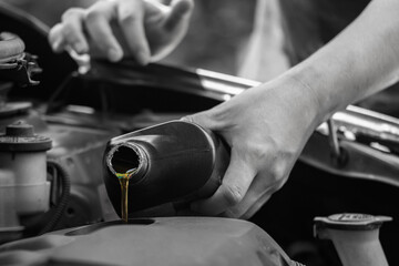 Refueling and pouring oil quality into the engine motor car Transmission and Maintenance Gear .Energy fuel concept,mono tone.