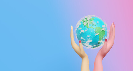 cartoon woman hands holding planet earth with copy space.  concept 3d illustration or 3d render