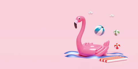 Inflatable flamingo with beach ball and rubber raft and copy space isolated on pink background. concept 3d illustration or 3d render