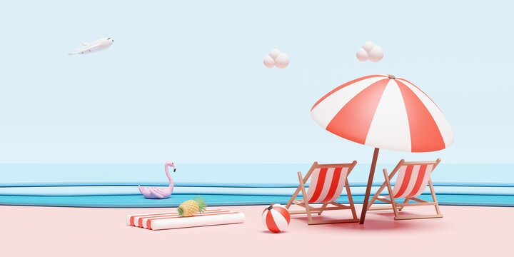 summer beach and sky with beach chair, ball ,swim ring flamingo ,palm leaf ,landscape background concept ,3d illustration or 3d render