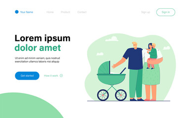 Young parents walking with little children. Flat vector illustration. Mom holding their son in her arms, and dad reaching for carriage where little daughter lying. Family, parenthood, leisure concept