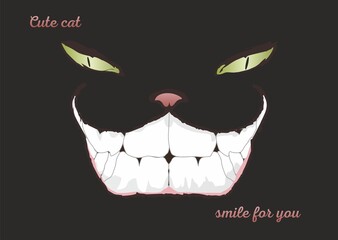 
cute cat with green eyes smiling on a black background, cat teeth