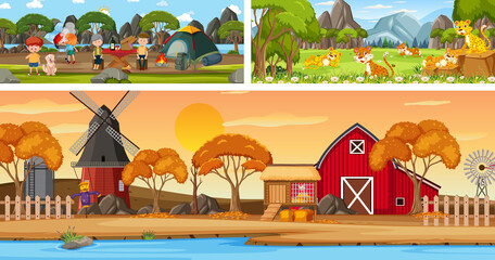 Outdoor panoramic landscape scenes set with cartoon character