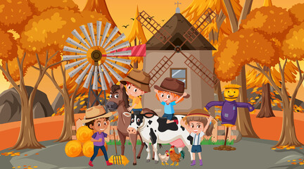 Farm scene with many kids cartoon character and farm animals