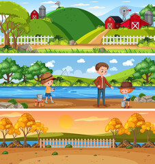 Set of outdoor panoramic landscape with cartoon character