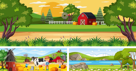 Set of different outdoor landscape scenes with cartoon character