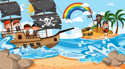 Fototapeta premium Treasure Island scene at daytime with Pirate kids on the ship
