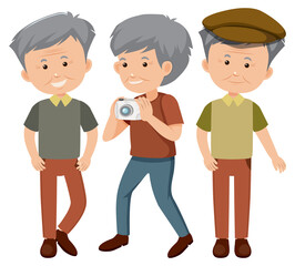Set of old man cartoon character with different positions